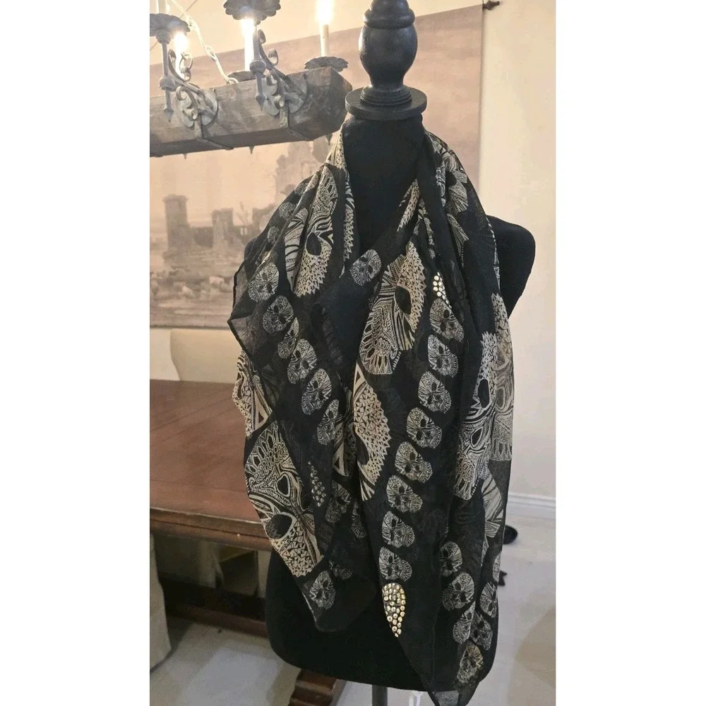 Women Scarf Skull Shawl Soft Long Elegant Classical Sheer Black Beaded Halloween